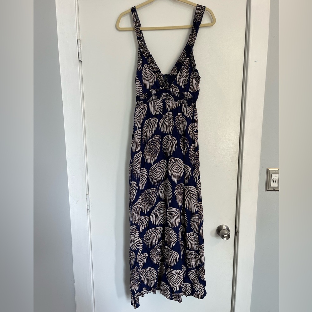 APRICOT Blue Orange palm leaf print sleeveless Sundress Maxi smocked small